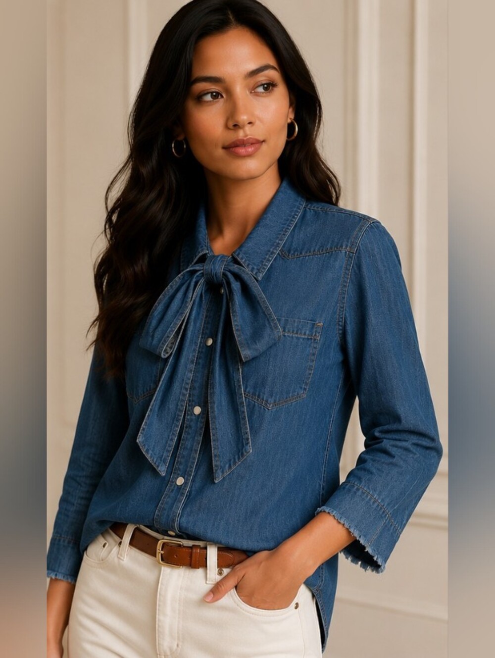 ASOS Indigo Denim Tie-Neck Button-Front Shirt